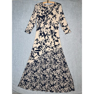 Soft Surroundings Satine Maxi Dress XS V-Neck 3/4 Sleeve Tan Blue 2CB91 Stretch